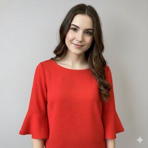 Green Envelope Small Red 3/4 Bell Sleeve Polyester Women's Blouse USA Made EUC